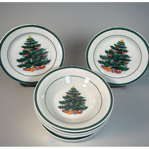 Christmas Tree Plates and Bowls Set Holiday Dinnerware Green Trim Totally Today - Picture 2 of 11